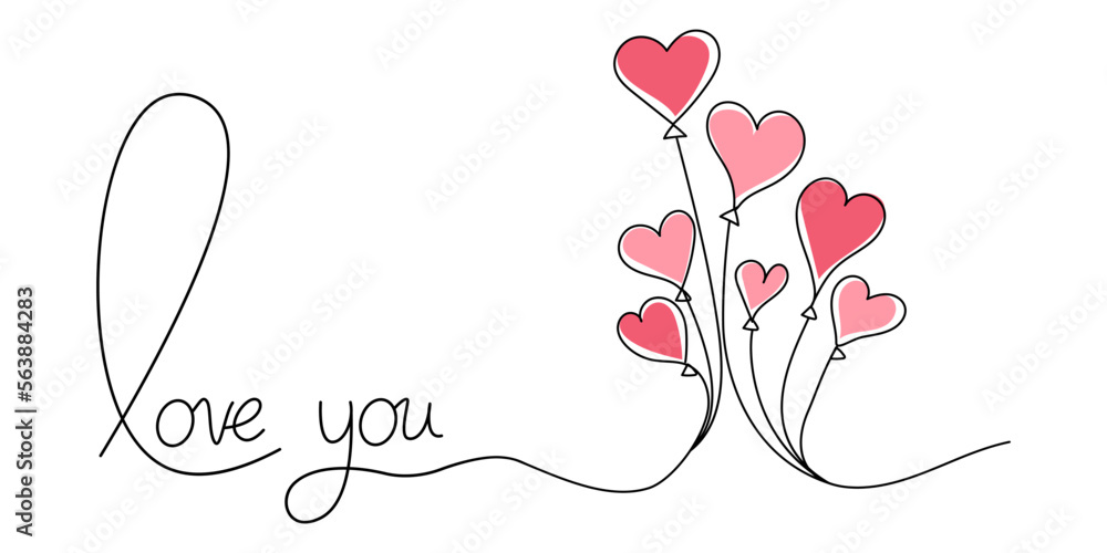 Postcard design for Valentine's Day. Linear hearts. The inscription I love you with hearts and balloons on isolated background. Love concept. Vector EPS 10