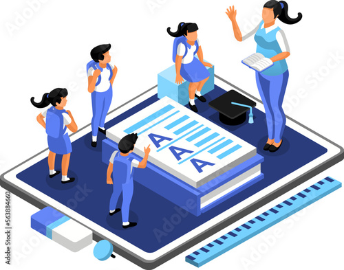 School students and their teachers a group of people standing on top of a laptop vector illustration. Children and young people in a school virtual classroom. Playful isometric ar design.