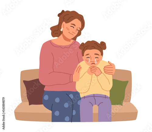 Mother hugging and comforting crying daughter child, parent taking care of emotions of kid. Mom cuddling upset daughter, soothing and quieting. Vector in flat style