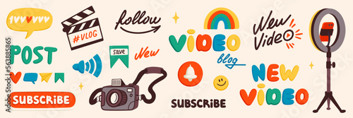 Blog content icons. Blogging or vlogging cartoon icons for social midea vector flat illustration.