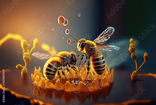 close up bees and honey, surreal concept illustration Generative Ai