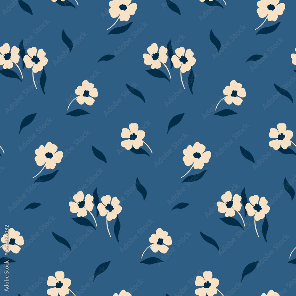 Seamless floral pattern, cute flower print with simple white flowers on a blue background. Pretty ditsy surface design with hand drawn plants: small flowers, leaves. Vector illustration.