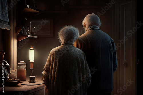 Elderly couple keeping company alone at home. We miss our grandparents. Feeling of sadness, loss of a loved one, elderly people. Love our older beings. Generative AI.
