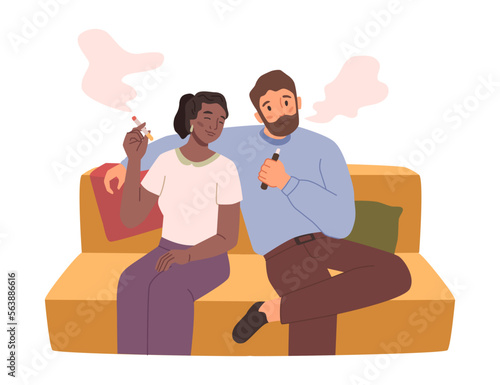 Man and woman smoking electronic cigarettes and cigar. People with bad habit or addiction to nicotine. Male and female characters. Vector in flat style