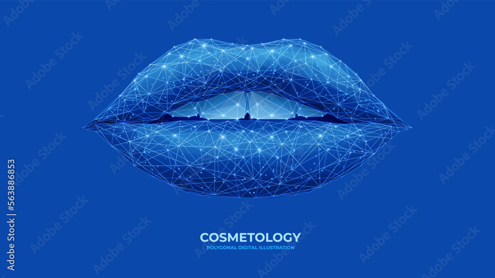 Famale smile. Digital female mouth in lines and geometric shapes. Isolated polygonal lips and teeth on blue background. Technology cosmetology concept. Monochrome vector. - obrazy, fototapety, plakaty 