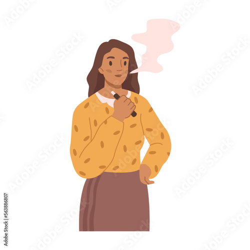 Smoking woman with vape or electronic cigarettes. Isolated female character addicted to nicotine. Smoker with device for inhaling vapor. Vector in flat style