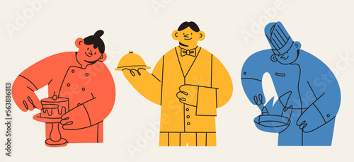 Confectioner or baker, Waiter, Chef. Cute cartoon characters. Hand drawn isolated Vector illustrations. Restaurant staff, service, professional kitchen, baking, cooking class concept
