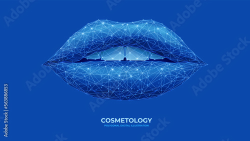 Famale smile. Digital female mouth in lines and geometric shapes. Isolated polygonal lips and teeth on blue background. Technology cosmetology concept. Monochrome vector.