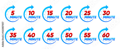 10, 15, 20, 25, 30, 35, 40, 45, 50 min. Timer, clock, stopwatch isolated set icons. Kitchen timer icon with different minutes. Cooking time symbols. Great design for any purposes. Vector illustration.