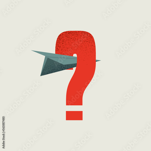 Big question mark and paper plane vector concept. Symbol of challenge, asking about future. Minimal illustration.