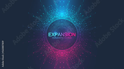 Expansion of life. Colorful explosion background with connected line and dots, wave flow. Visualization Quantum technology. Abstract graphic background explosion, motion burst, vector illustration