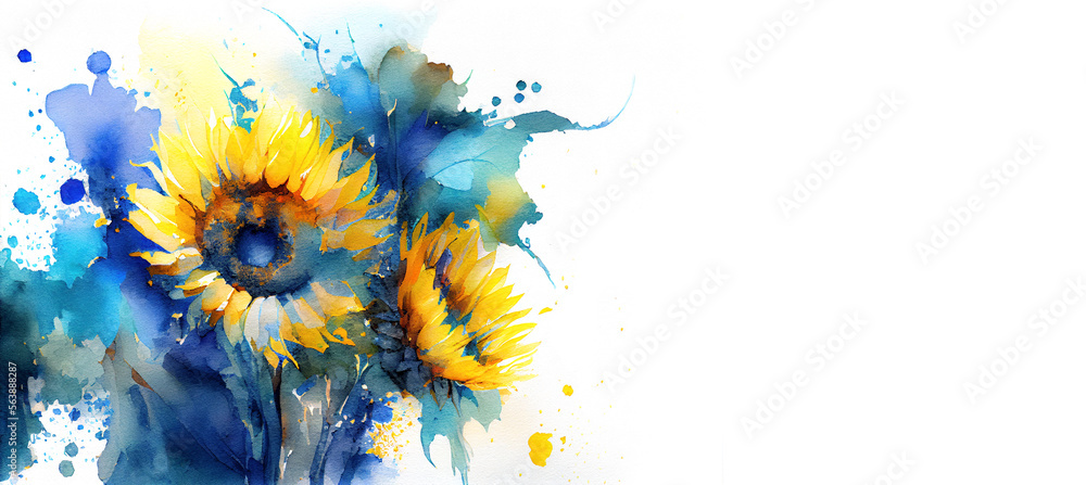 Yellow and blue sunflowers in splashes of paint as Ukraine flag colors and Ukrainian culture symbol generative AI watercolor banner with copy space Yellow and blue sunflowers in splashes of paint as Ukraine flag colors and Ukrainian culture symbol generative AI watercolor banner with copy space