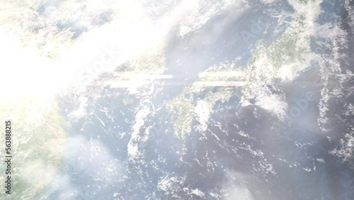Earth zoom in from outer space to city. Zooming on Kasuga, Fukuoka, Japan. The animation continues by zoom out through clouds and atmosphere into space. Images from NASA