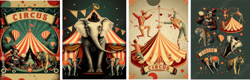 Сircus. Vector vintage illustrations of  acrobats, circus tent, animals, elephant, tiger, clown for retro poster, background and ticket - obrazy, fototapety, plakaty 