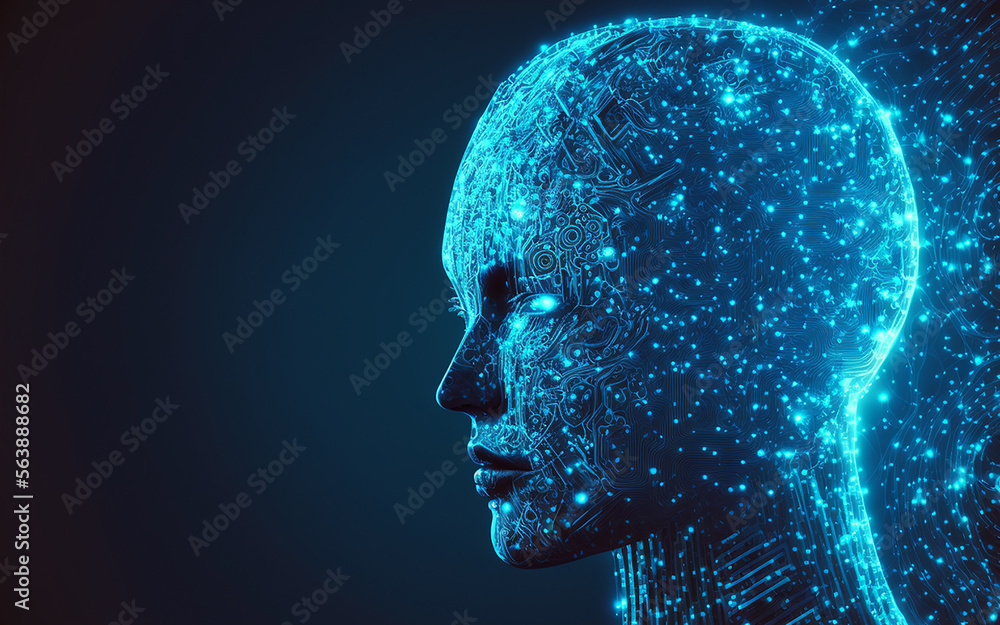 Obraz premium artificial intelligence concept,outline shape of female face and data flow on blue background