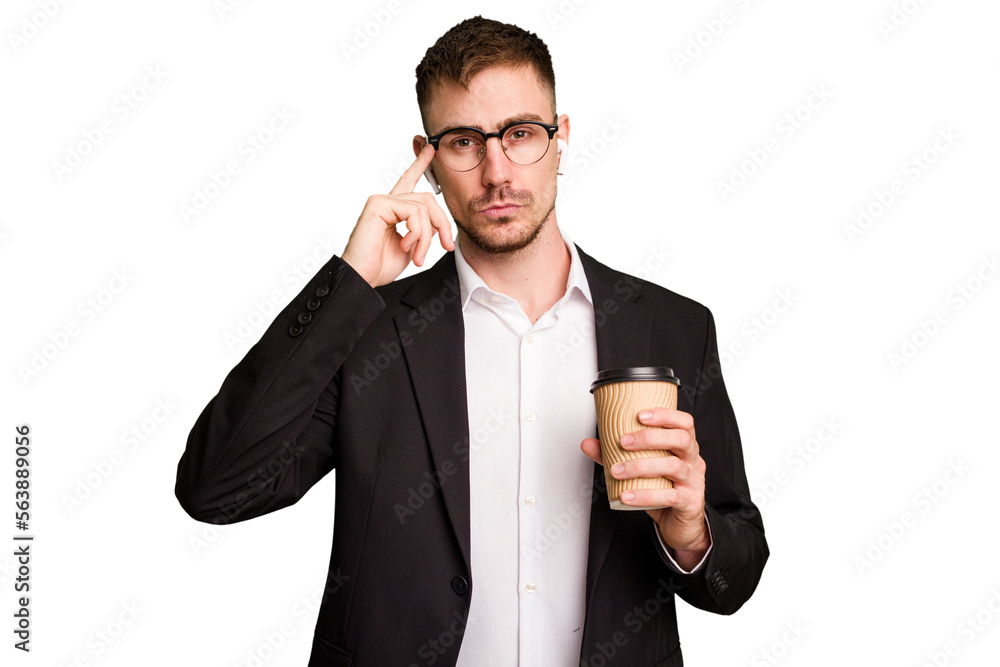Young business caucasian man drinking a coffee isolated cutout pointing temple with finger, thinking, focused on a task. Young business caucasian man drinking a coffee isolated cutout pointing temple with finger, thinking, focused on a task.