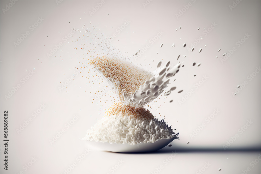 Japanese Rice flying explosion, white grain rices explode abstract