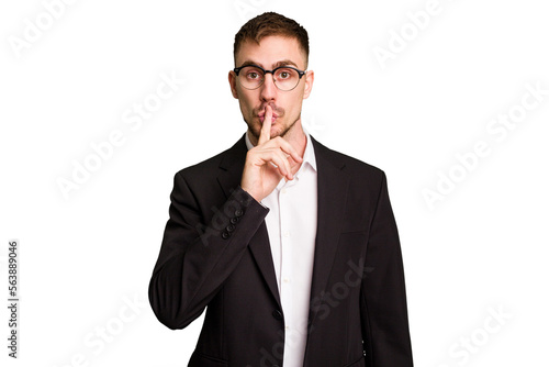 Young caucasian business man cutout isolated keeping a secret or asking for silence.