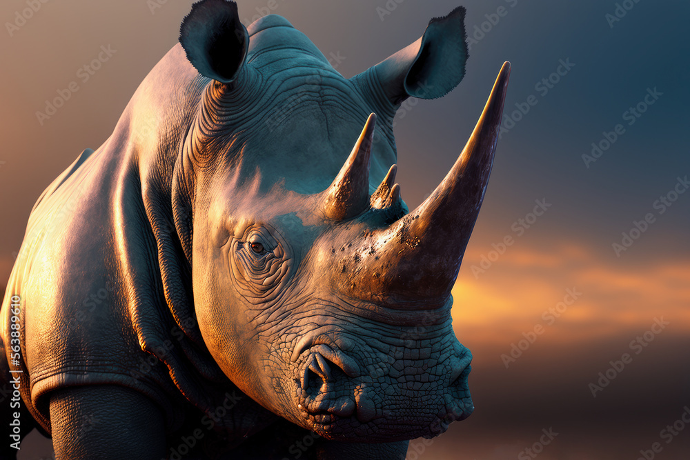 Obraz premium wild and large rhino closeup portrait. generative ai