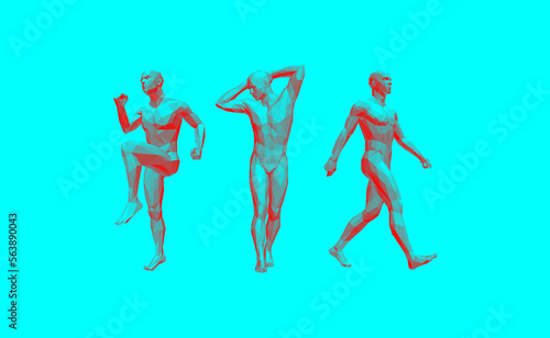 Fitness training. Models of polygonal people in different poses. Design for sport. 3D human body model. Vector for brochure, flyer, presentation, logo or banner.