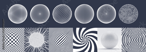 Spheres consisting of points. Global digital connections. Technology concept. Background with convex hemisphere. Array with dynamic particles. 3D illustration for brochure, poster, flyer or banner.