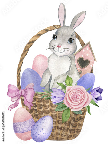 Watercolor illustration with Easter bunny in a basket