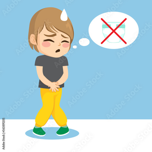 Vector illustration of young boy dealing with urination. Infant thinking he is not wearing diaper anymore. Toilet training concept