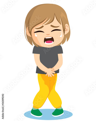 Little boy crying because he made pee on his trousers. Vector illustration of young person having a potty training regression
