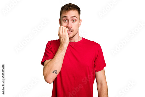 Young caucasian man cut out isolated biting fingernails, nervous and very anxious.