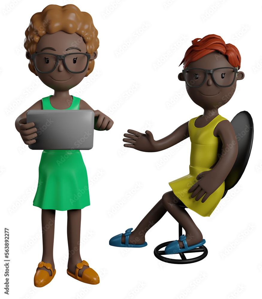 Cartoon character young African women holding tablet and another person sit show hand isolated on white background. 3d render illustration. Cartoon character young African women holding tablet and another person sit show hand isolated on white background. 3d render illustration.