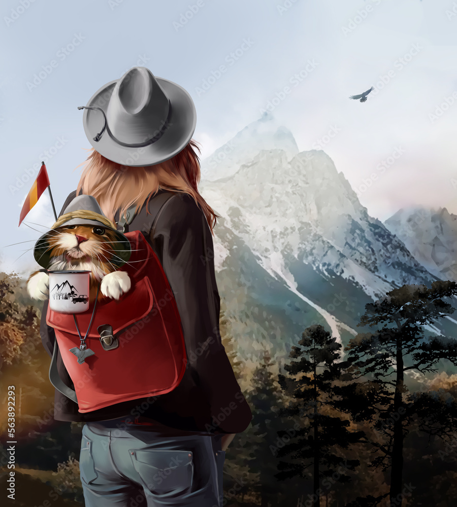 Fototapeta premium Girl travels with a cat in a backpack