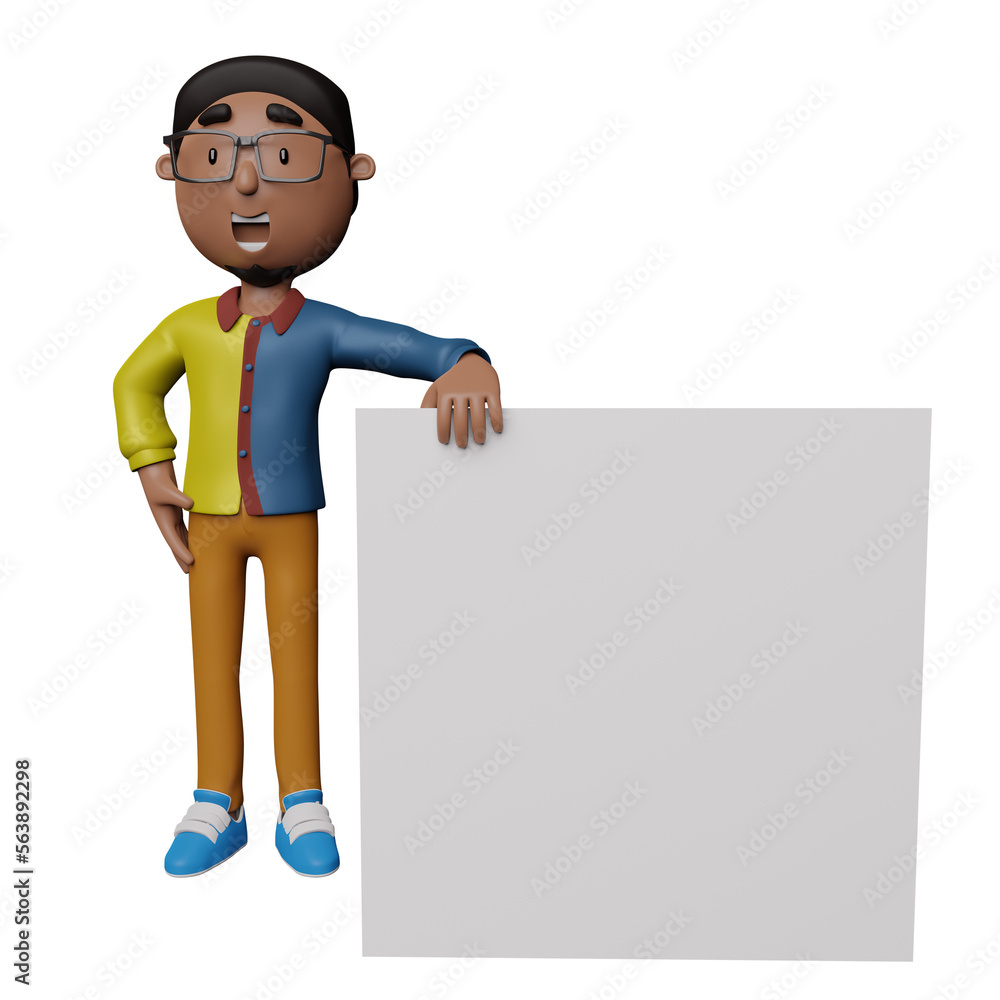 Cartoon character dominican men wearing traditional clothes holding a blank banner isolated on white background. 3d render illustration.