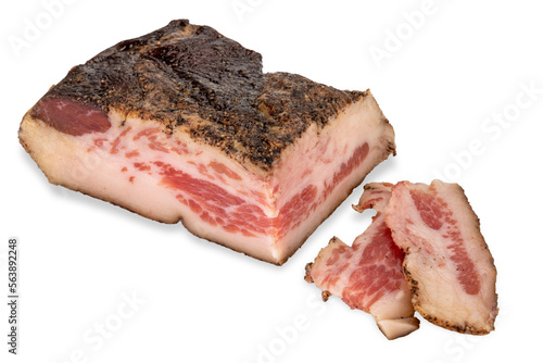 Fotografija Guanciale Pork Jowl, it is a cured meat prepared with a cut of pork cheek meat