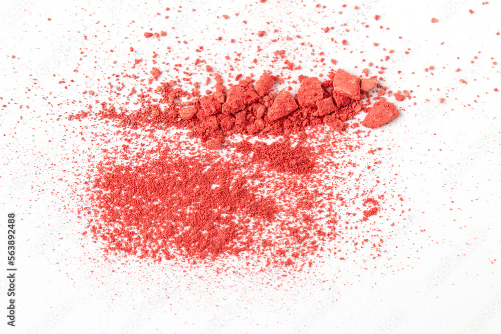 Abstract crush pink red blush powder or eye shodow on white isolated background.Two texture swatch