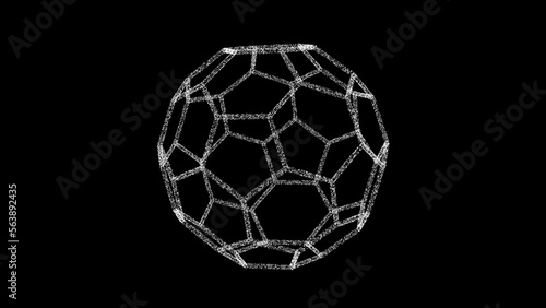 3D white polyhedral ball on black backdrop. Object consisting of flickering particles. Science tutorial concept. Abstract backdrop for logo, title, presentation. 3D animation