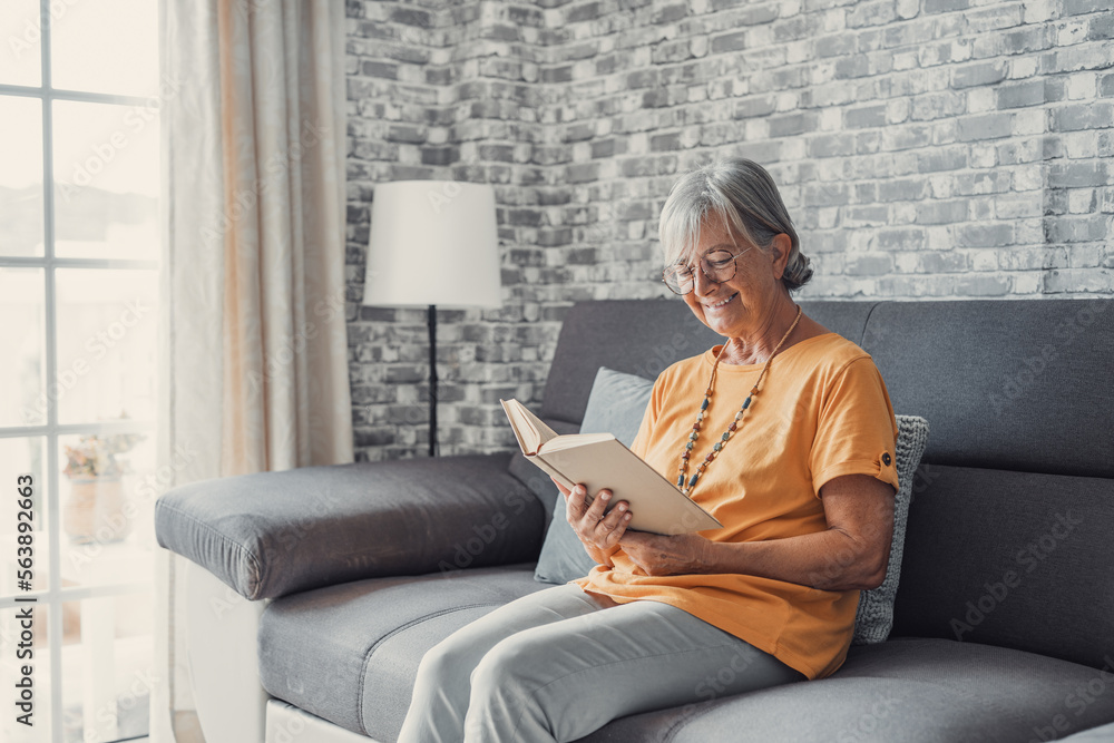 Happy older blonde woman sitting on comfortable sofa in living room, reading interesting book. Smiling elder retired grandmother enjoying leisure weekend time with favorite novel alone at home.. Happy older blonde woman sitting on comfortable sofa in living room, reading interesting book. Smiling elder retired grandmother enjoying leisure weekend time with favorite novel alone at home..