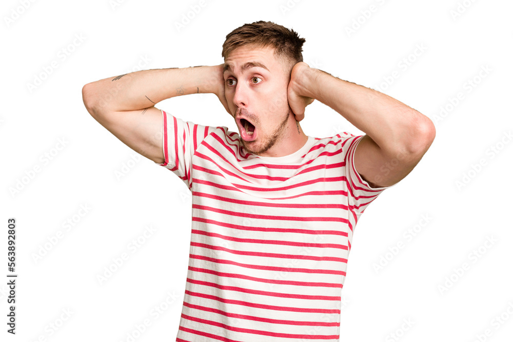 Young caucasian man cut out isolated screaming, very excited, passionate, satisfied with something. Young caucasian man cut out isolated screaming, very excited, passionate, satisfied with something.
