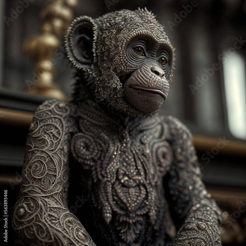 Glam metal monkey made of intricate lace work - illustration, wallart, AI inspired design
