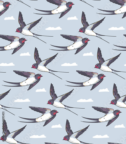 Swallows seamless pattern. Vector flying bird swallows and clouds on blue background. Spring background with swallows in the sky, ornament for wallpaper and fabric, wrapping paper