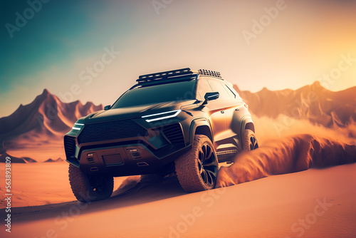  futuristic electric smart SUV car in the desert , automotive, Generative AI photo