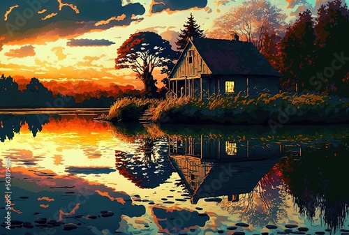Print op canvas peaceful rural landscape, a cottage at riverside with natural background
