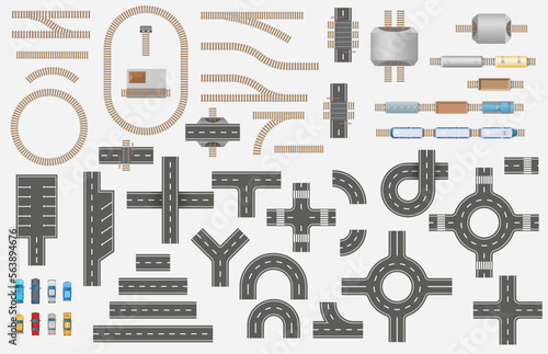 Set of road and railway elements, trains and cars for city map top view . Transport kit for design of town, country plan. Seamless constructor of City transport. Car, station, train, wagon, locomotive