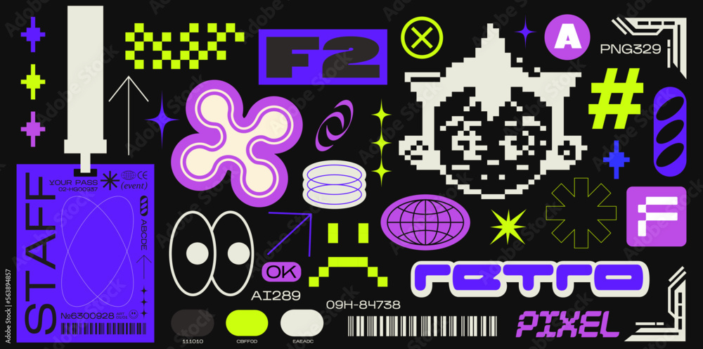 Collection of various patches, labels, tags, stickers, bracelet stamps in retro style. Stickers in funky hipster futuristic style in 90s style. Vector set, trendy promo labels