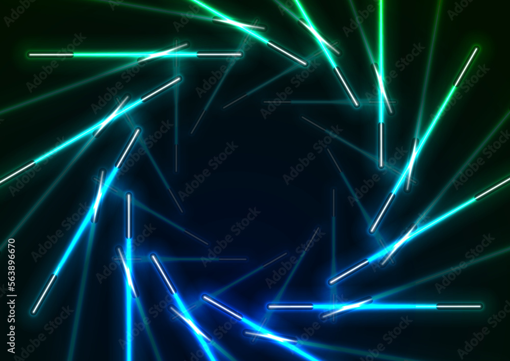 Blue green round neon laser lines abstract background. Technology vector background Blue green round neon laser lines abstract background. Technology vector background