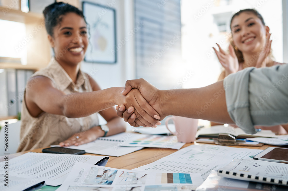 Meeting, handshake and collaboration with a business black woman in the office for a deal or agreement. Teamwork, collaboration and thank you with a female employee shaking hands with a colleague - obrazy, fototapety, plakaty 