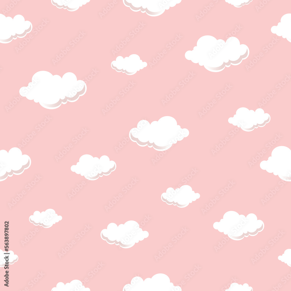 Vector Flat Style Clouds Seamless Pattern on Pink Background. Clouds collection flat style. Clouds Set in Hand Drawn Vintage Retro Style Cartoon Clouds design elements. Engraving Style illustrations.