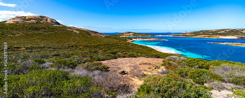 panorama of paradise beach in cape le grand national park in western australia, unique beach with white sand and turquoise water surrounded by mighty hills