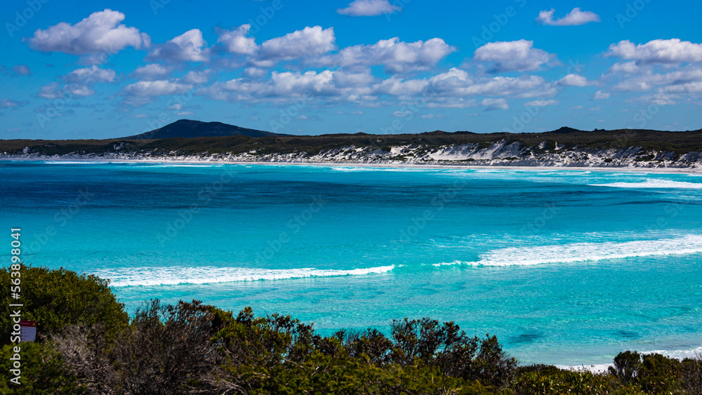 panorama of paradise beach in cape le grand national park in western australia, unique beach with white sand and turquoise water surrounded by mighty hills