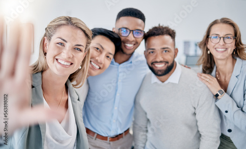 Office selfie, diversity and portrait of business people with photo memory of teamwork, collaboration and solidarity. Company workplace group, community and corporate team happy for startup success