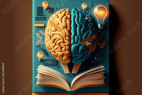 Concept of education and success. Online education, new idea. Collage with a brain, bulb, book. Generative Ai technology.	